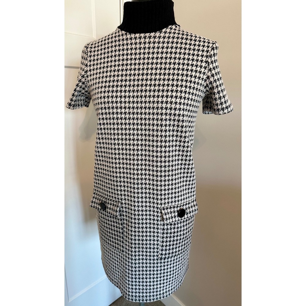 Zara Trafaluc Knit Houndstooth Shift Mini Dress Black White Turtleneck Size M